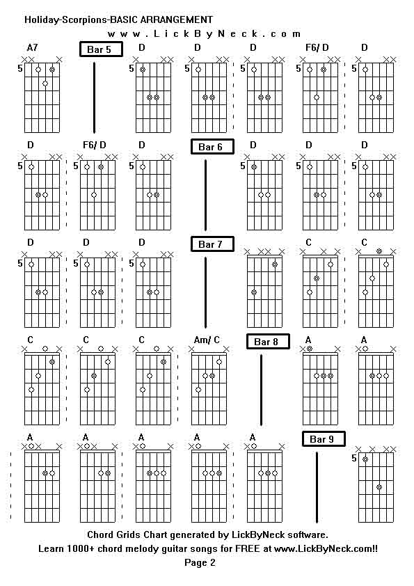 Chord Grids Chart of chord melody fingerstyle guitar song-Holiday-Scorpions-BASIC ARRANGEMENT,generated by LickByNeck software.